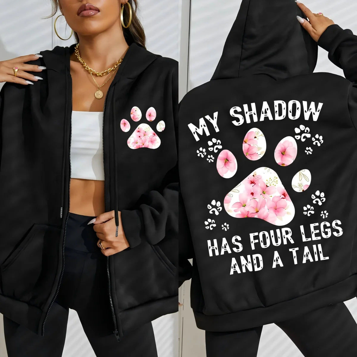 Flower Cat Feet My Shadow Has Four Legs And A Tail Print Zipper Hoody Woman Y2K Autumn Hoodies Loose Fleece Casual Sportswears