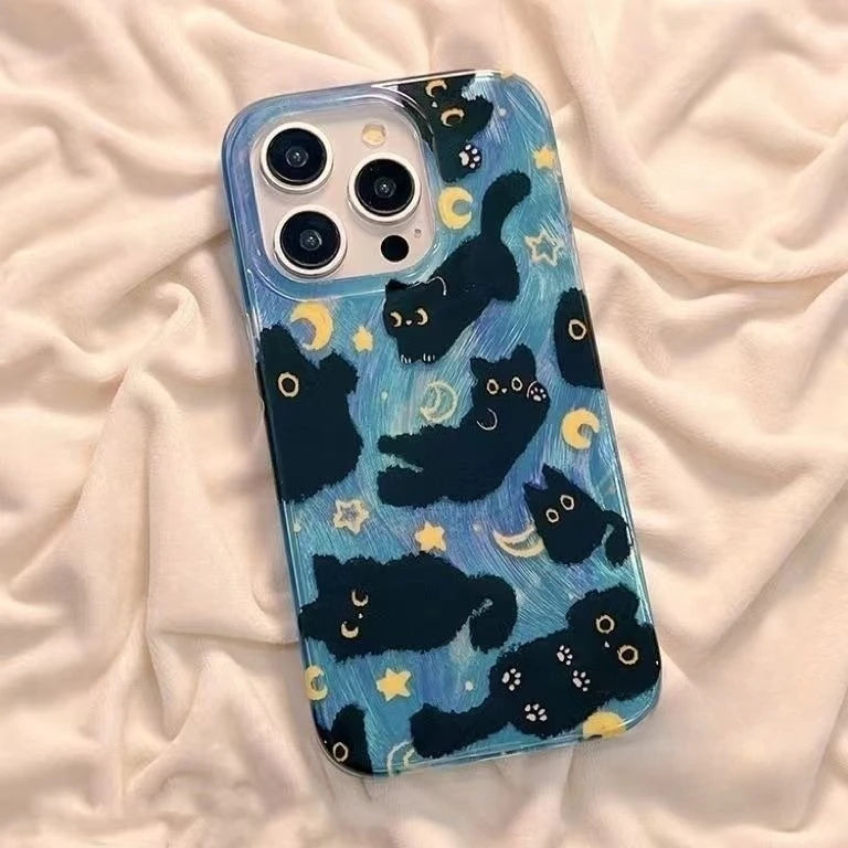Cute Stars Moon Cat Case Compatible for IPhone 15 11 16 13 14 12 Pro Max 15 8 14 16 Plus XR X XS MAX SE 2020 Feather Yarn Cover