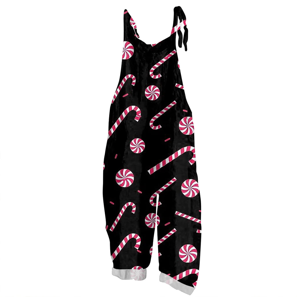 2025 Women's Fashion Christmas Printed Casual Loose Vintage Strappy Jumpsuit Retro Festival Pants New Year Themed Clothing