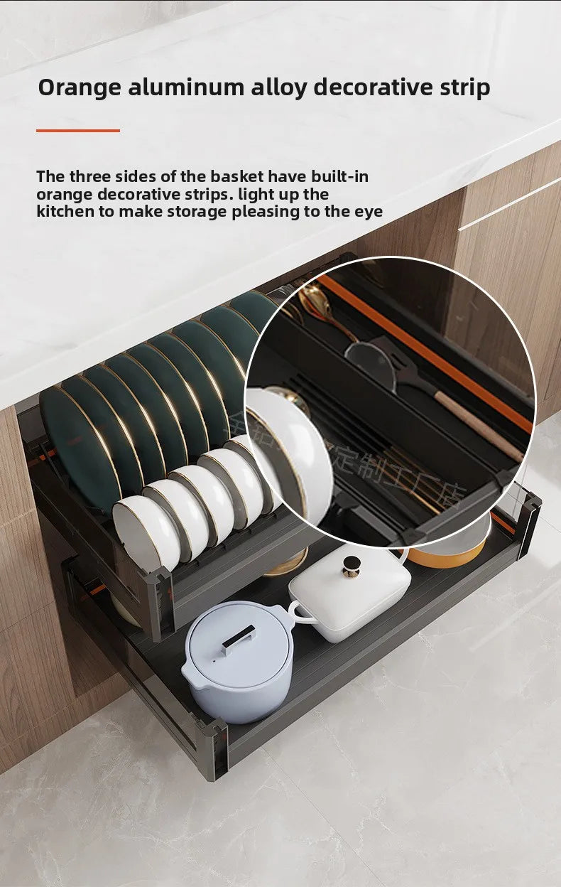 Kitchen Basket Cabinet Basket Thickened Aluminum Alloy Double Drawer Storage Dish Rack Cabinet Kitchen Cabinet Storage Basket
