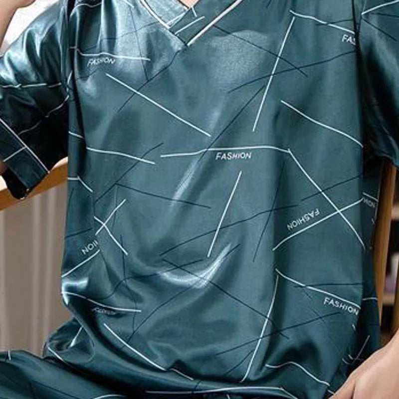 Pajamas Men Ice Silk Thin Short-Sleeved Two-Piece Suit Korean Version of the Loose Large Size Youth Plus Size Sleepwear Homewear