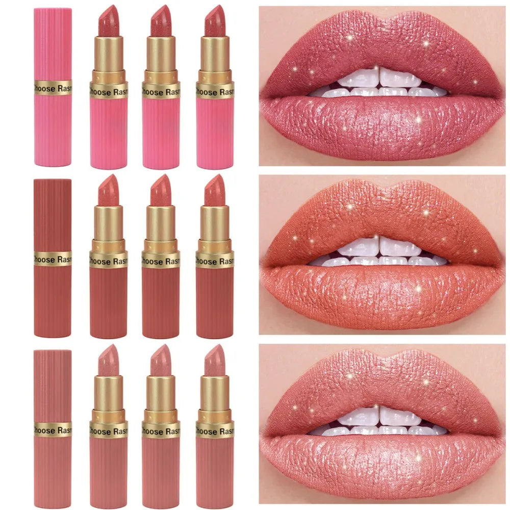 3 PCS Pearlescent Pink Glitter Velvet Lipstick Metallic Waterproof Long Lasting Matte Shimmer Diamond Lipstick Christmas gift