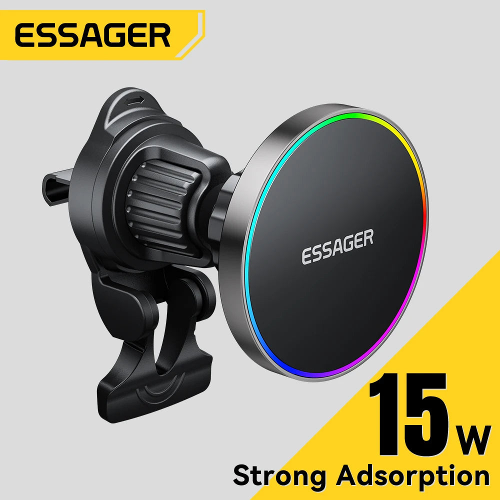 Essager RGB Magnetic Car Phone Holder Qi 15W Wireless Charger For iPhone16 15 14 13 Pro for Magsafe Universal Phone Holder Stand