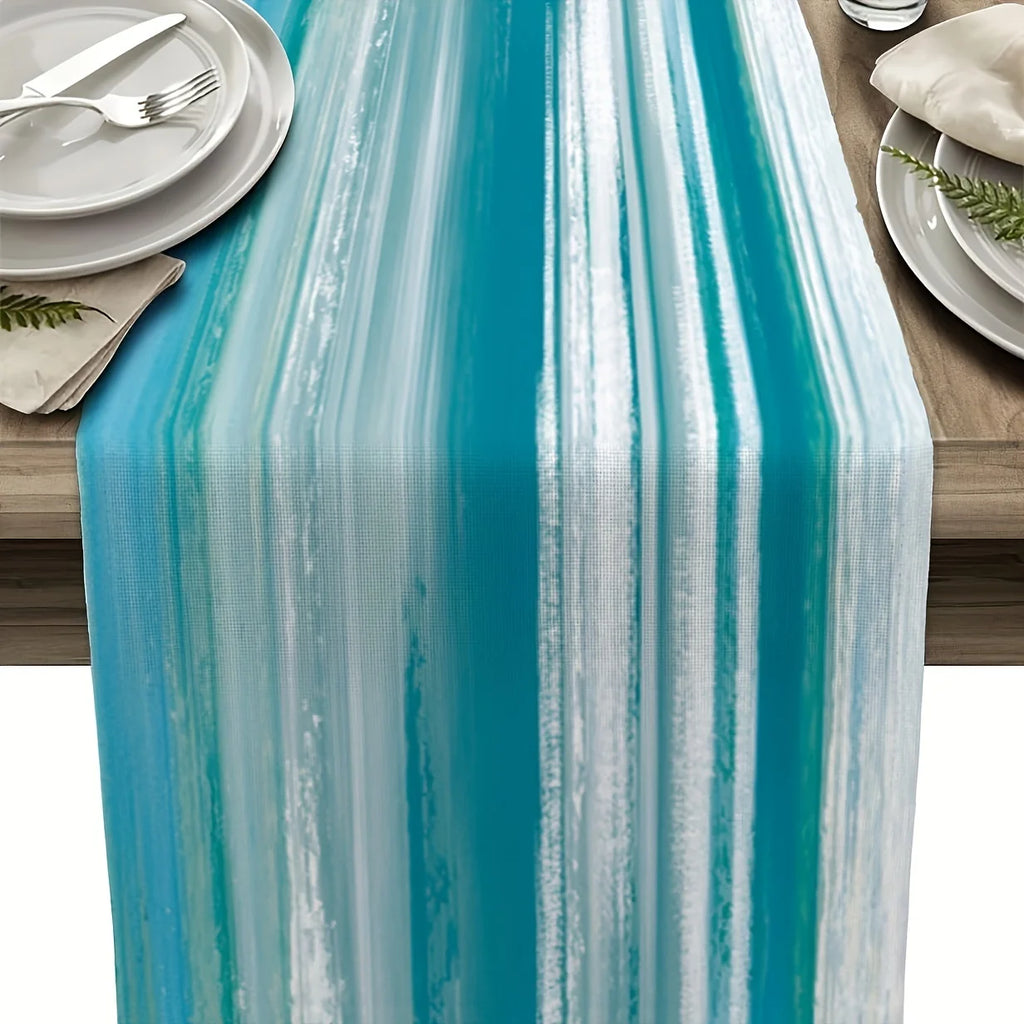 1 Piece of Ocean Style Table Runner with Turquoise Stripes Pattern, Perfect for Beach Theme Parties, Home Decoration, Summer Parties and Nautical Styles