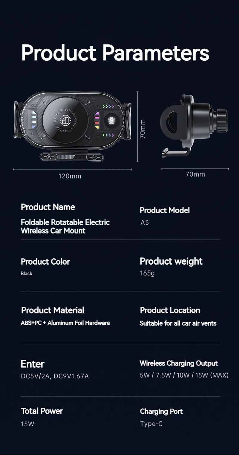 15W Universal Car Phone Wireless Charger Holder 90° Rotation Mount for Samsung Galaxy Fold 6 5 4 3 Z Flip S25 S24 Iphone 17 16