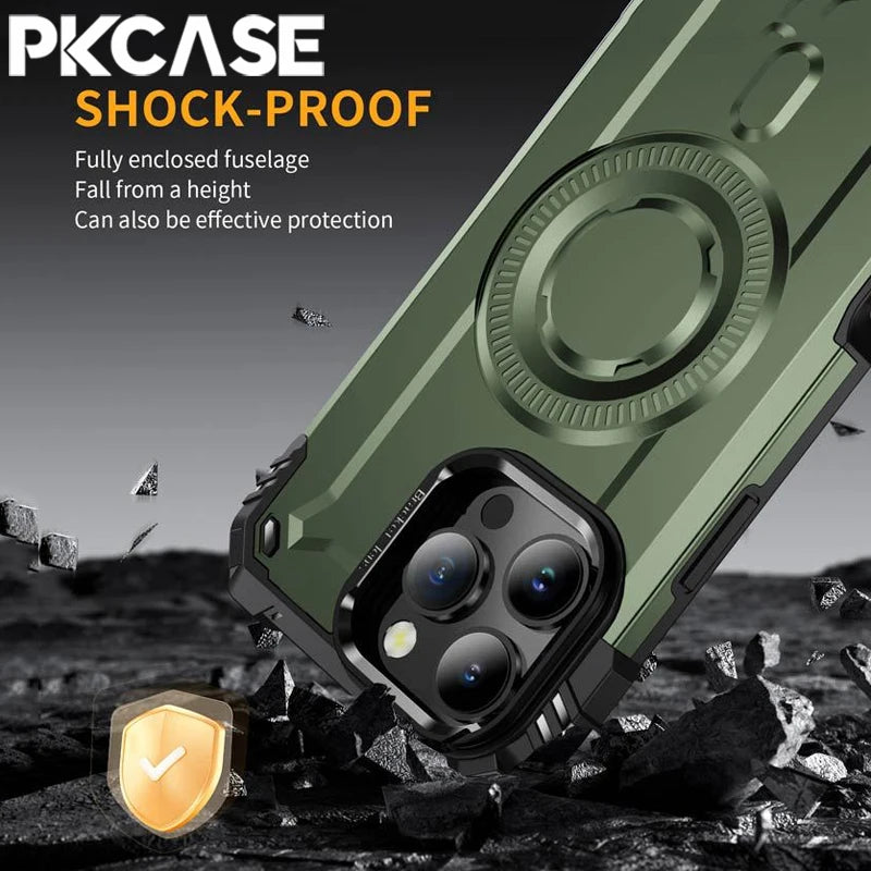 PKCASE Military Shockproof Bracket Case For iPhone 16 15 14 Plus Pro Max For Magsafe Magnetic Armor Cover