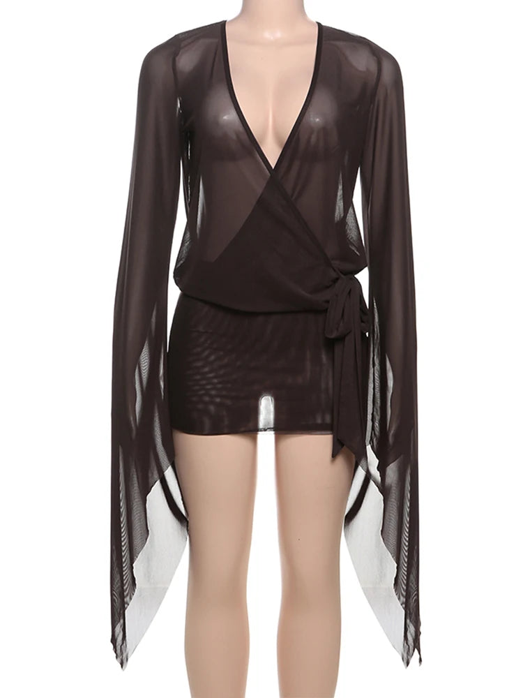 Weird Puss Mesh Sexy Summer Dress Women Cross Bandage Low-Neck Backless Flare Sleeve Midnight Coquette Midnight Party Bodycon