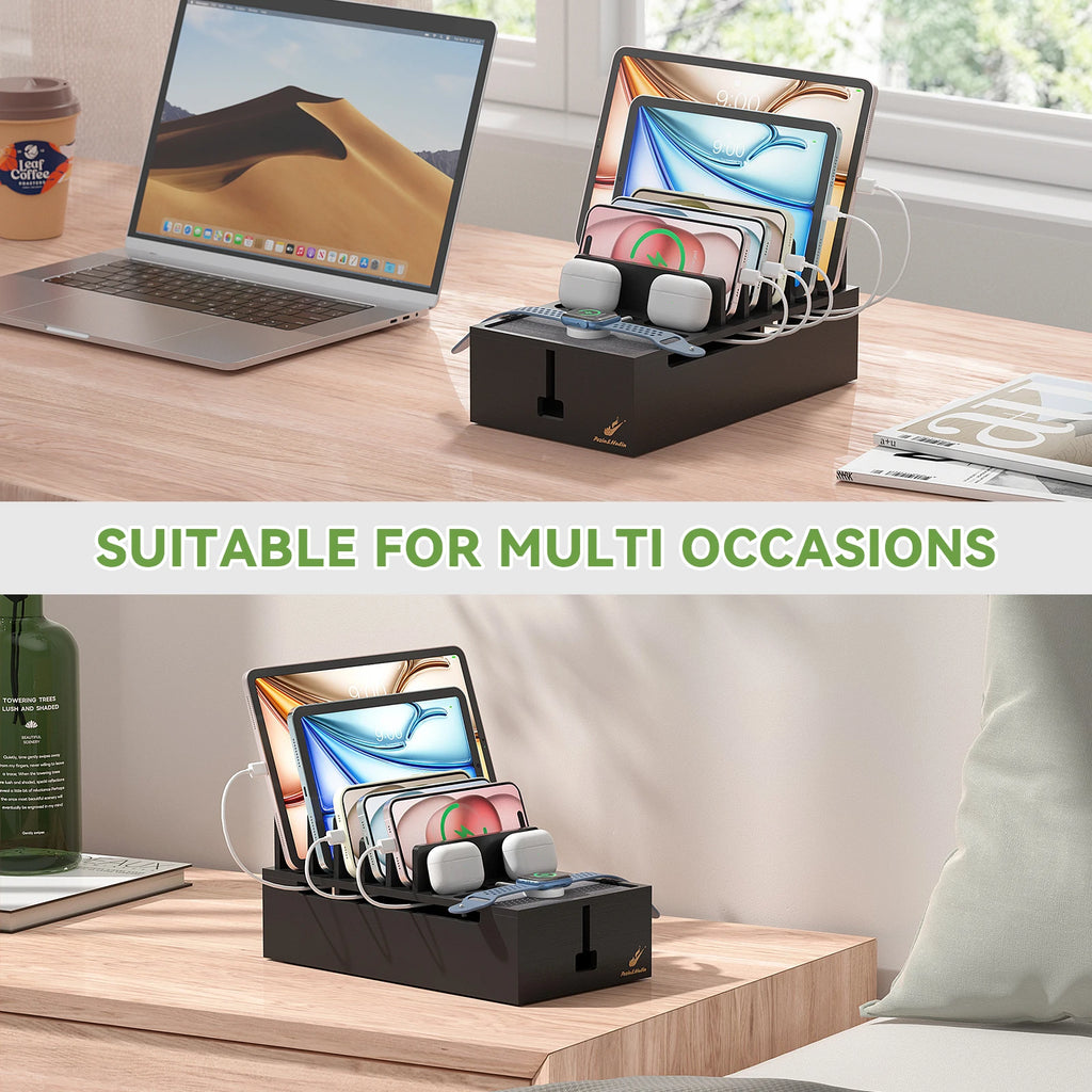 Bamboo Charging Station for Multiple Devices Charger Dock Holder Stand for Cell Phone and Tablet Electronic Devices Organizer