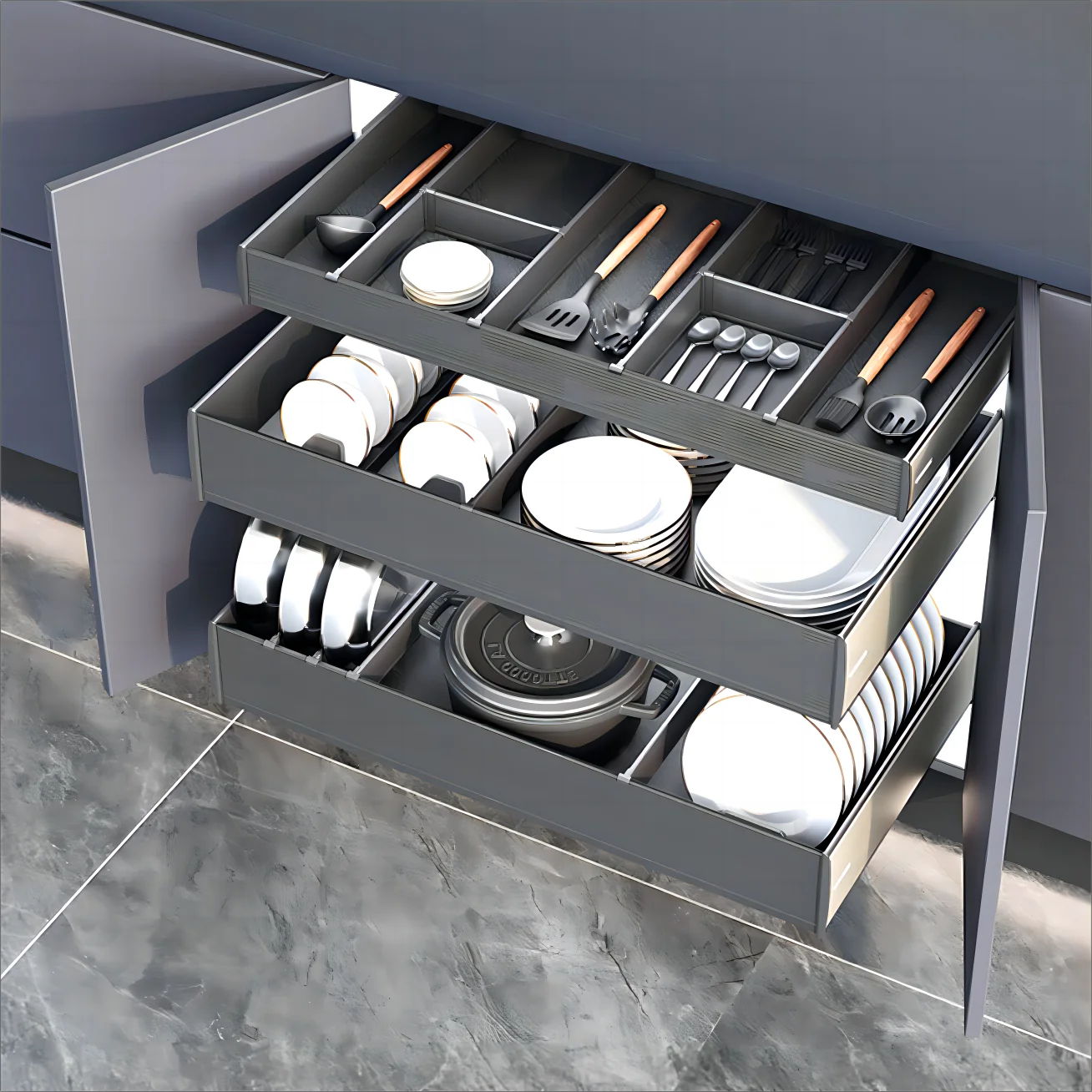 Goldmine Cabinet Organizers 3 Layers Aluminum Storage Baskets Drawers Tableware And Cookware Pullout Drawers For Kitchen