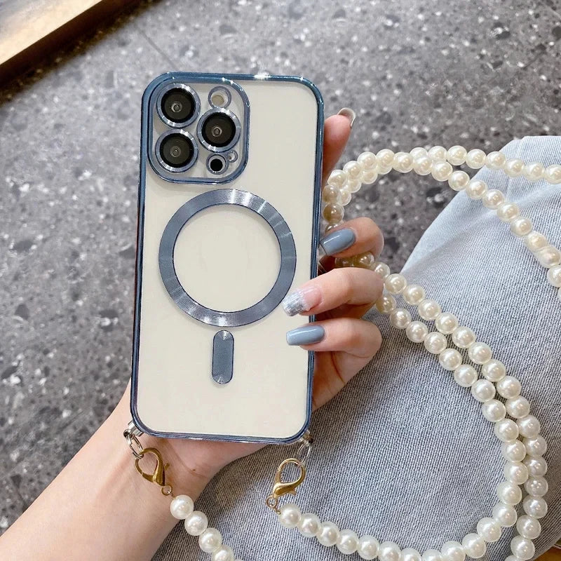【Pearl Plating】Adjustable Crossbody Lanyard Case for iPhone 16/15 Pro Max/14/13/12/11 ProMax PlusShockproof Magnetic Phone Cover