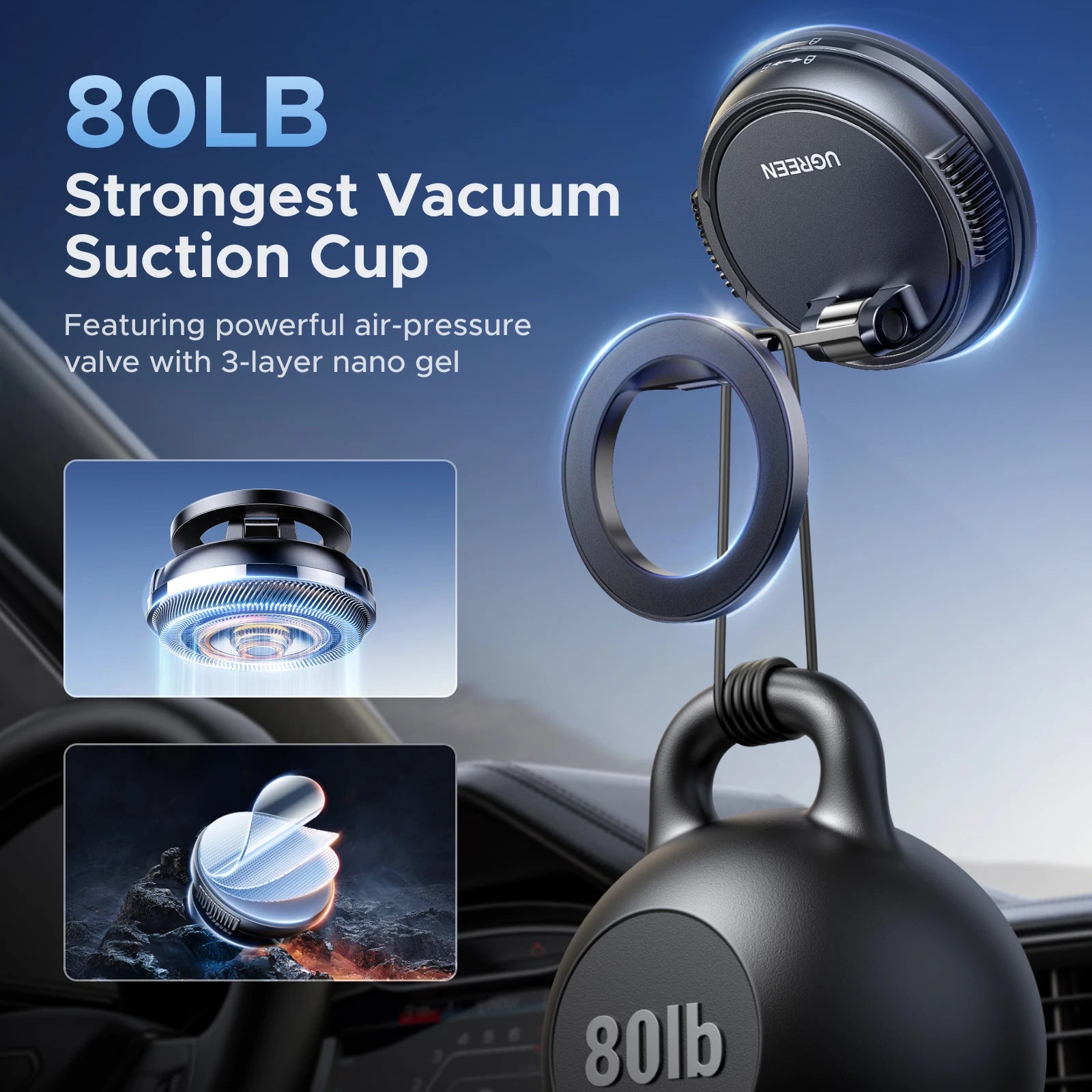 UGREEN Magnetic Car Phone Holder  360°Rotatable Dashboard Suction Cup Car Mount For Magsafe iPhone 16 15 14 ProMax Xiaomi Samsun