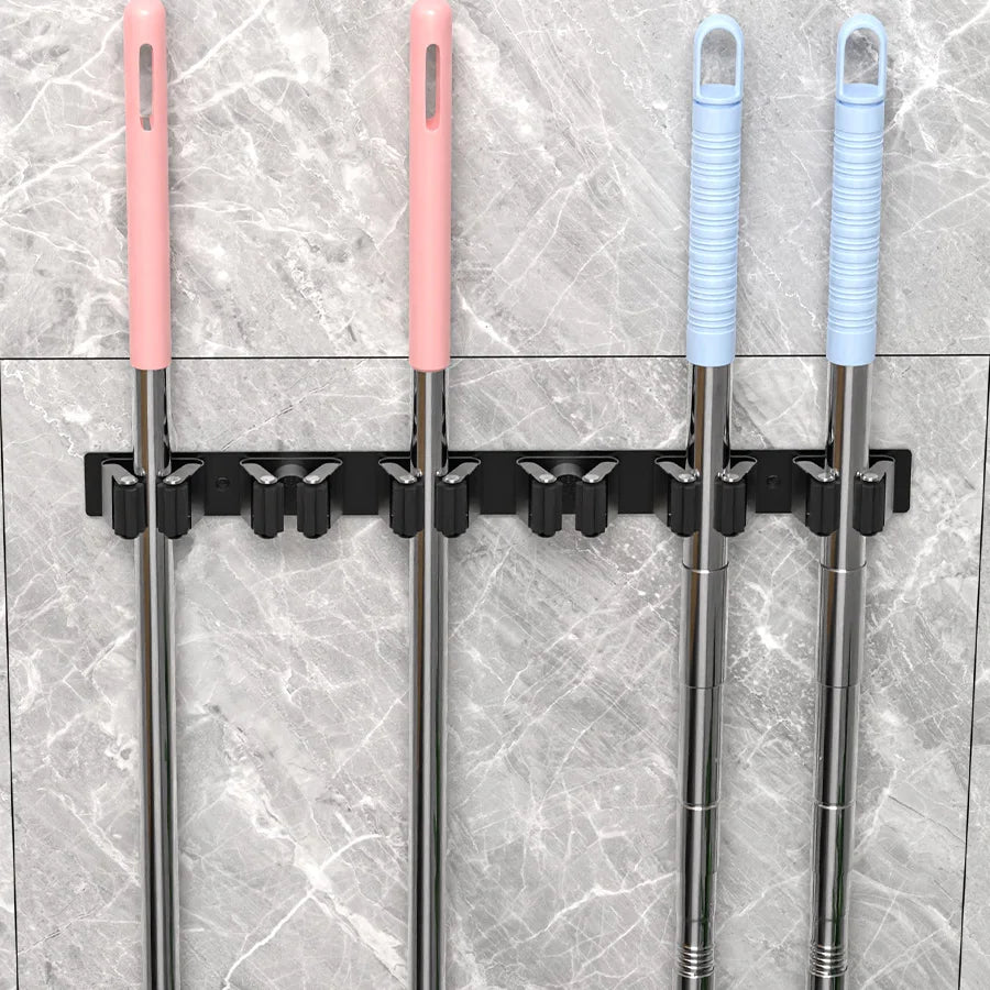 Mop Broom Holder 6 Position Multi-Functional Broom Hanger Shelf Bathroom Organization Accessories Home Kitchen Storage