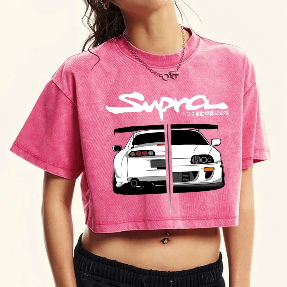 Woman Cotton Washed T-Shirts Street Regular O-Neck Crop Tees Japanese Style Cool Car Puzzle Print Short Sleeve Summer Clothes