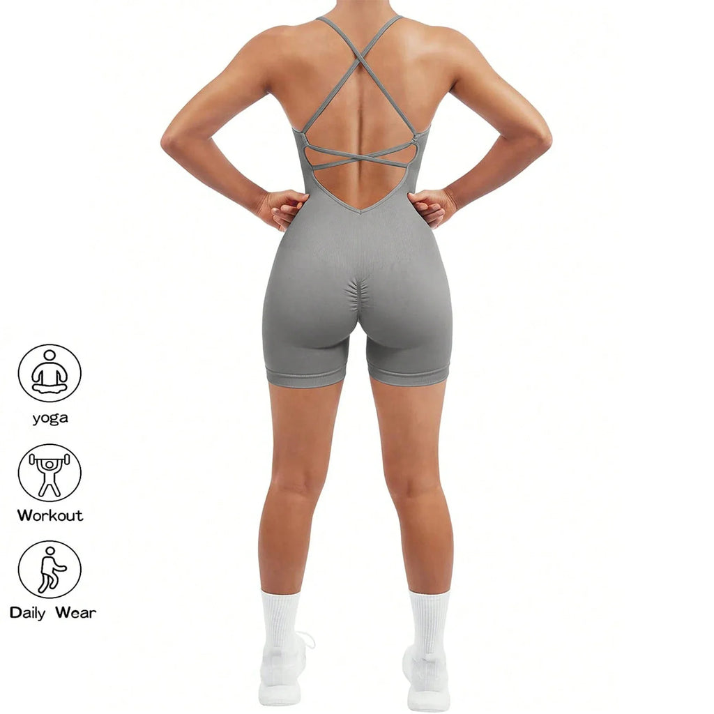 Yoga Sxy Criss Cross Backless Cami Sports Romper,Women's Jumpsuits Ribbed One Piece Workout Sleeveless Rompers Tank Top Shorts