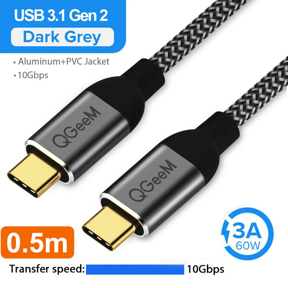 QGeeM USB 3.1 Type C to USB C Cable Gen2 PD 60W USB-C to USB C Charging Wire Cord Nylon Cord for Samsung Macbook Pro E-Mark Chip