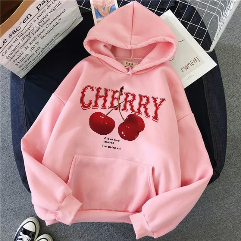 Girls 2000s Cherry Love Long Sleeve Pocket Hoodies Funny Gothic Sweatshirt  Women's Print Casual Hoody Streetwear Y2k Clothes