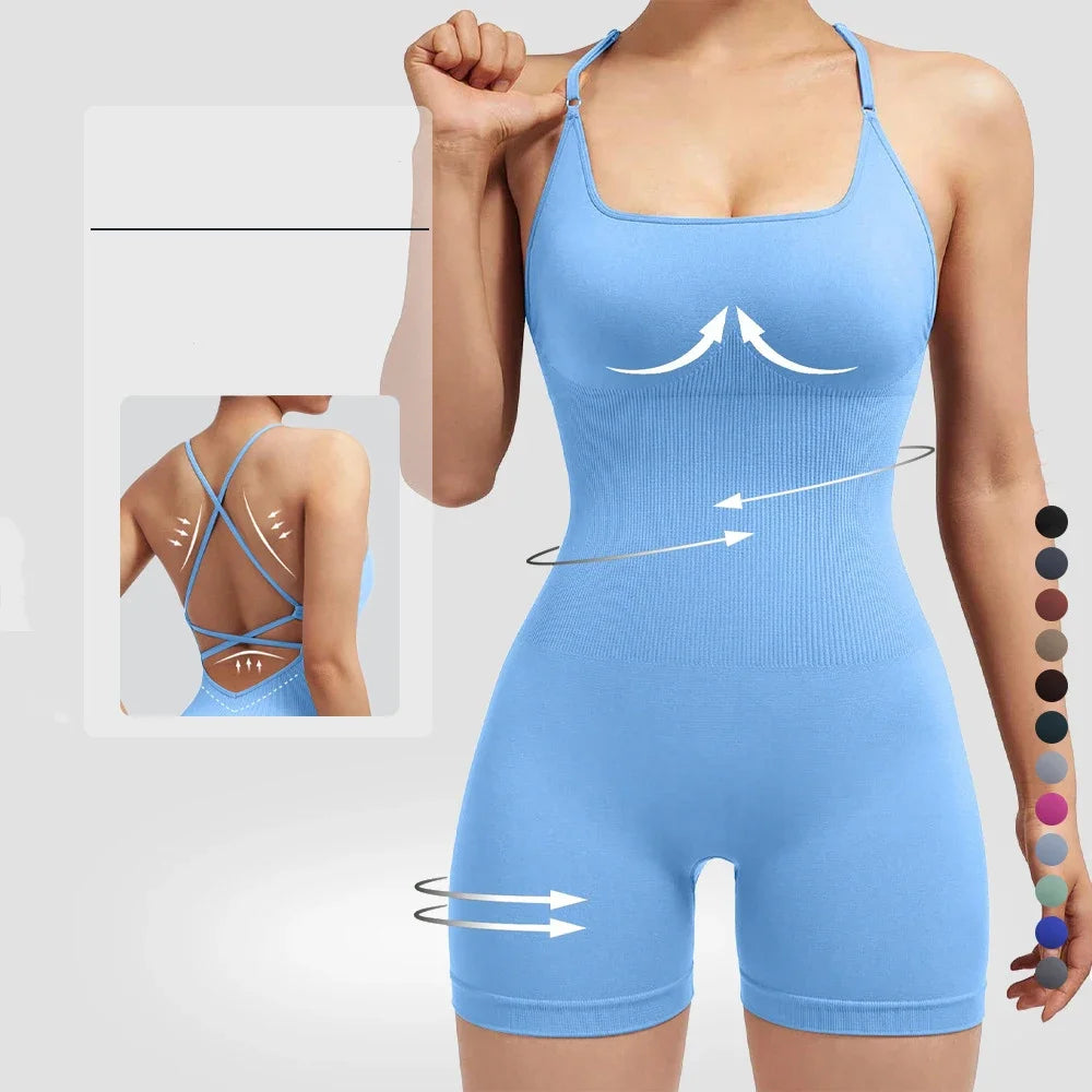 Yoga Sxy Criss Cross Backless Cami Sports Romper,Women's Jumpsuits Ribbed One Piece Workout Sleeveless Rompers Tank Top Shorts