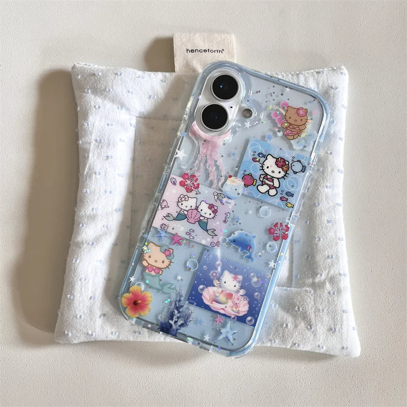 Korean Blue Ocean Hello Kitty Pattern Beach Phone Case For iPhone 11 12 13 14 15 16 Pro Max XS XR X 7 8 Plus Silicone Soft Cover