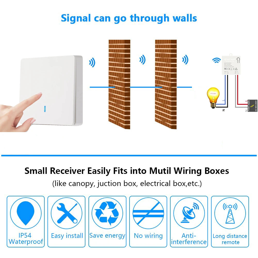 QIACHIP Wireless Smart Switch Light RF 433Mhz Wall Panel Switch with Remote Control Mini Relay Receiver 220V Led Light Lamp Fan