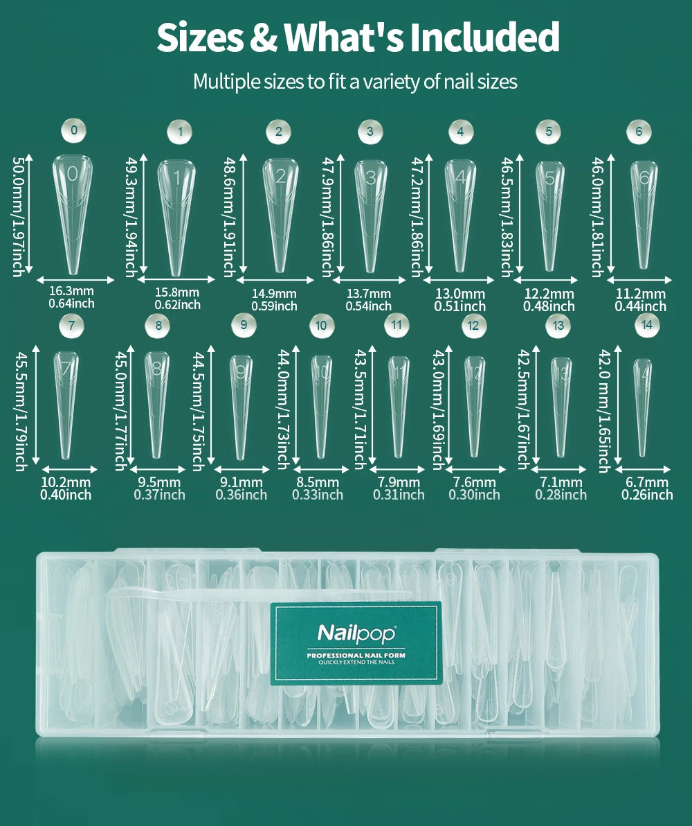 Nailpop 150PCS Clear Dual Nail Forms 15 Sizes Triangle Tip Extension Molds for Acrylic Gel Builder Reusable Shaping Art DIY