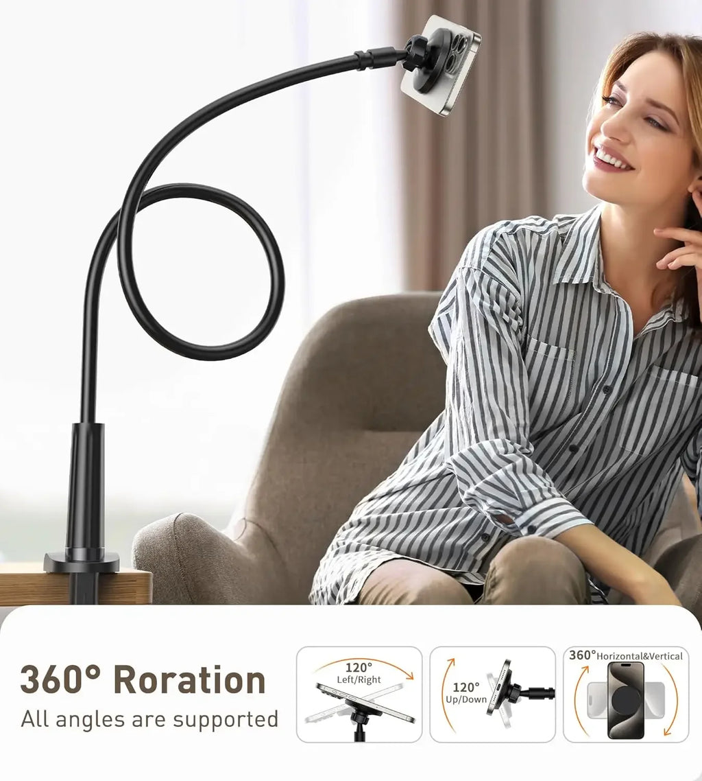 Magnetic Mobile Phone Stand Gooseneck Office Home 360° Rotation Bed Table Foldable Holder with Metal Rings for iPhone 16 15 14