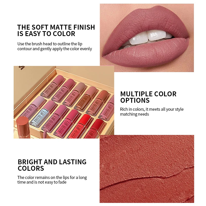 12pcs Matte Lip Glaze Set, Waterproof Long-Lasting Non-Stick Cup,Multi-Color System in Pink, Brown, Red, Purple