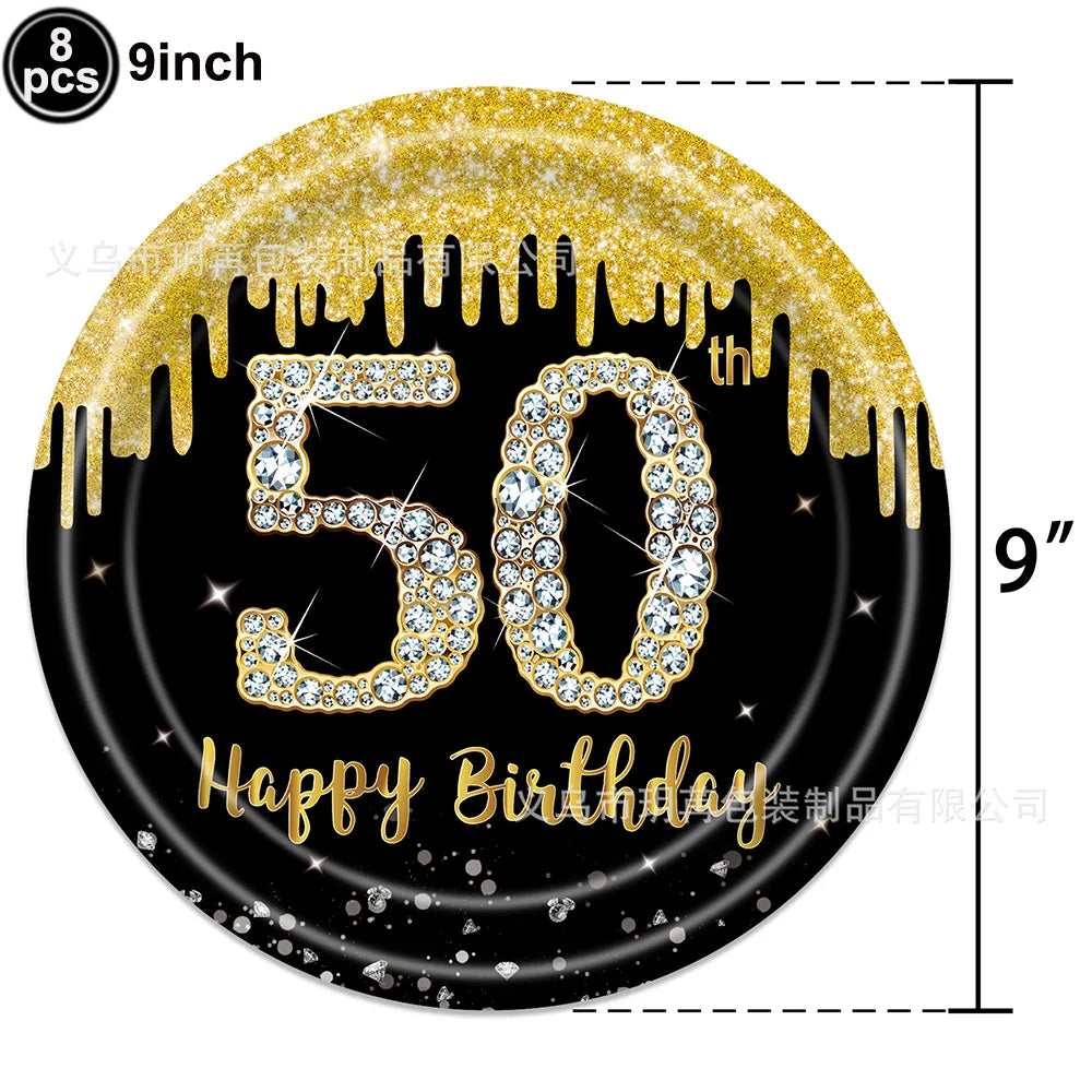 50th Birthday Party Supplies for Men Women Black and Gold 50 Years Old Party Paper Plates Cups Napkin Tablecloth Tableware Decor