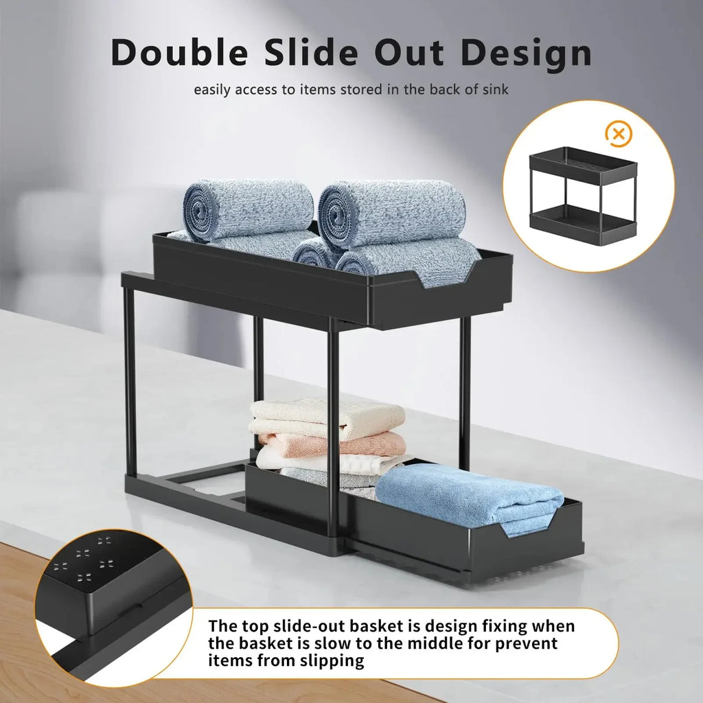 2 Tier Under Sink Organizer Sliding Cabinet Basket Organizer Storage Rack with Hooks Hanging Cup Bathroom Kitchen Organizer