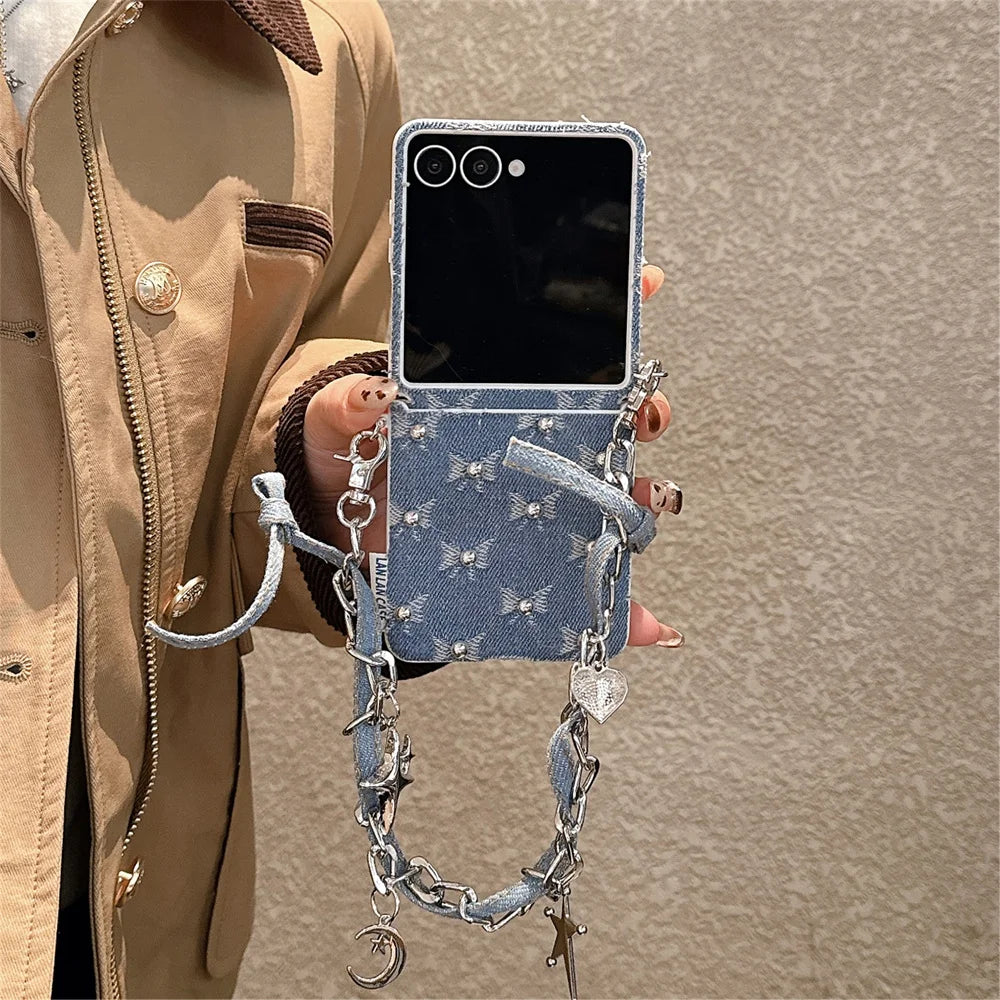 Fashion Denim embroidered bow phone case for Samsung Z Flip 7 Case Galaxy Z Flip 5 6 flip 6 cover hand strap cute Fundas Cases
