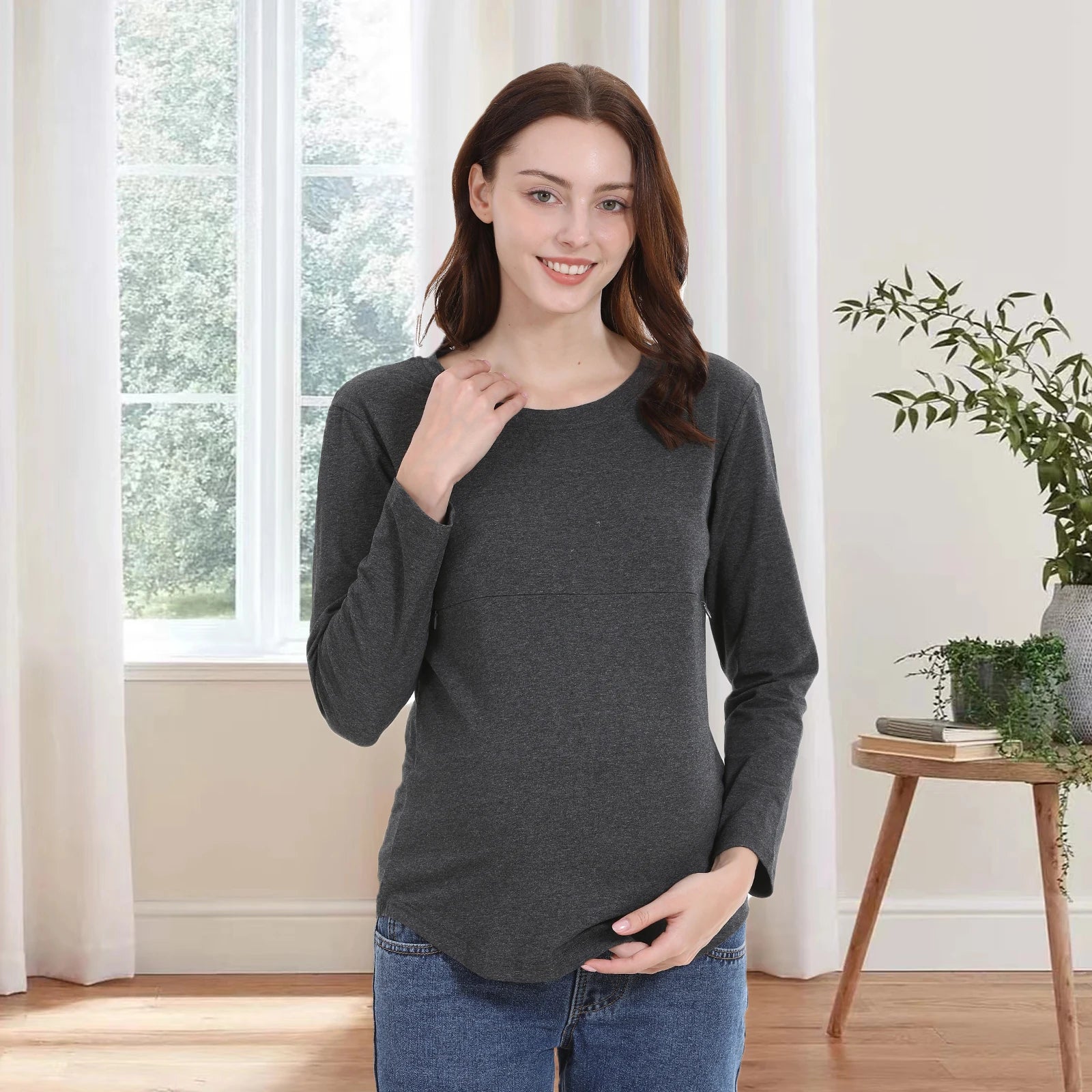Breastfeeding T Shirt Maternity Clothes Long Sleeve Pregnancy Loose Hem Nursing Tee Spring Autumn Good Stretch Cotton