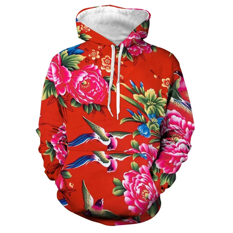 Men's 3d Print Floral Hooded Sweatshirt Chinese DongBei Style Flowers Graphic Hoodie Long Sleeves Pullovers Tops Women Clothes
