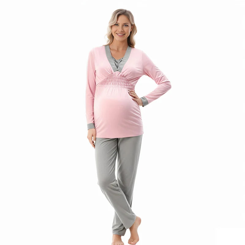 Maternity Clothes Pajamas Postpartum Breastfeeding Nightgown Spring Autumn Sleepwear For Pregnant Women Homewear Set 2PCS