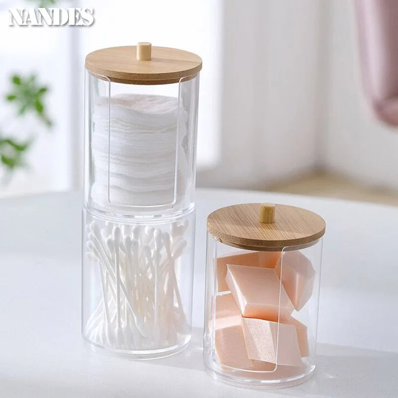Acrylic Storage Box Bathroom Jar Makeup Organizer Cotton Round Pad Holder Cotton Holder Dispenser with Bamboo Lid Clear Plastic