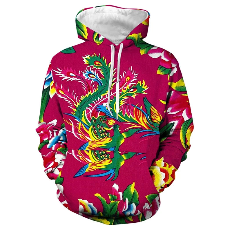 Men's 3d Print Floral Hooded Sweatshirt Chinese DongBei Style Flowers Graphic Hoodie Long Sleeves Pullovers Tops Women Clothes