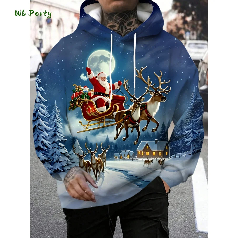 Fashion Men's Hooded Hoodies 3D Prints Christmas Theme Sweatshirt Drawstring Sportwear Long Sleeve Tops Casual Men's Sweatshirt