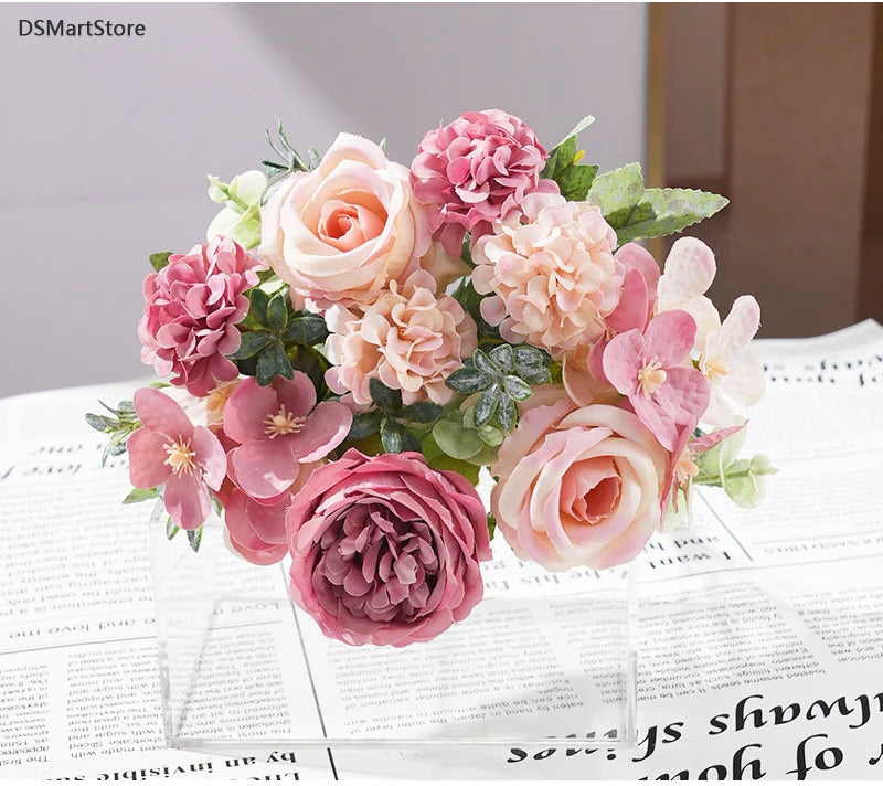 7 Heads Artificial Flowers Silk Peony Rose Hydrangea Bouquet Home Decorations Party Wedding Bride Fake Plants