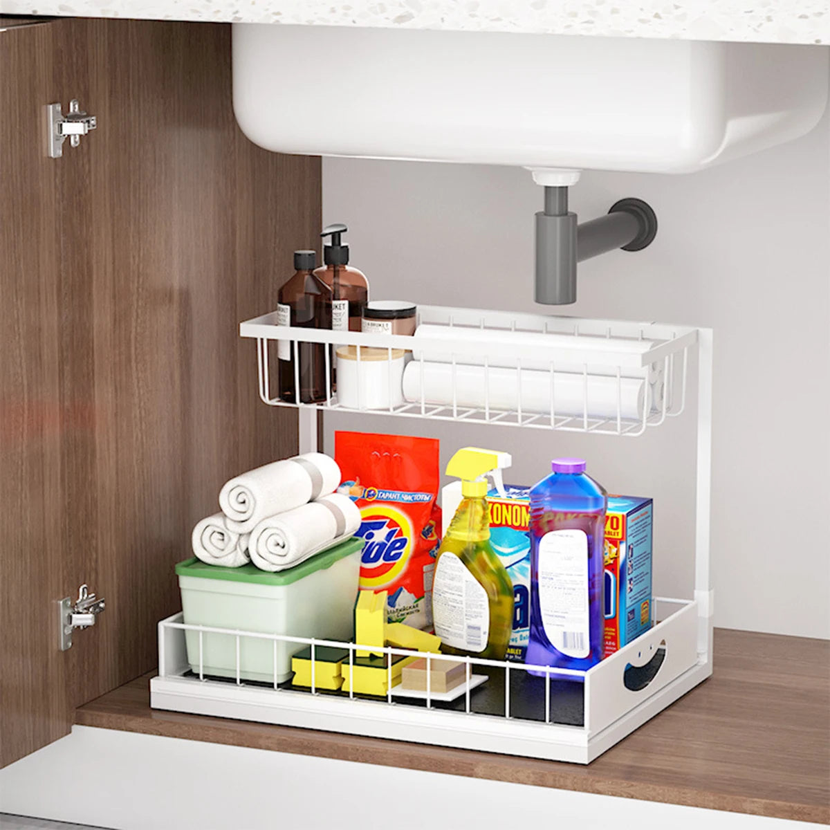 Under Sink 2 Tier Sliding Cabinet Basket Organizer Drawer Pull-Out Cabinet Organizer For Bathroom and Kitchen