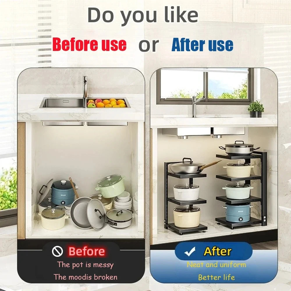 Sink Layered Pot Rack Free Layering Kitchen Pans Organizer Rustproof Snap-On Stainless Adjustable Pot Storage Rack Under Cabinet