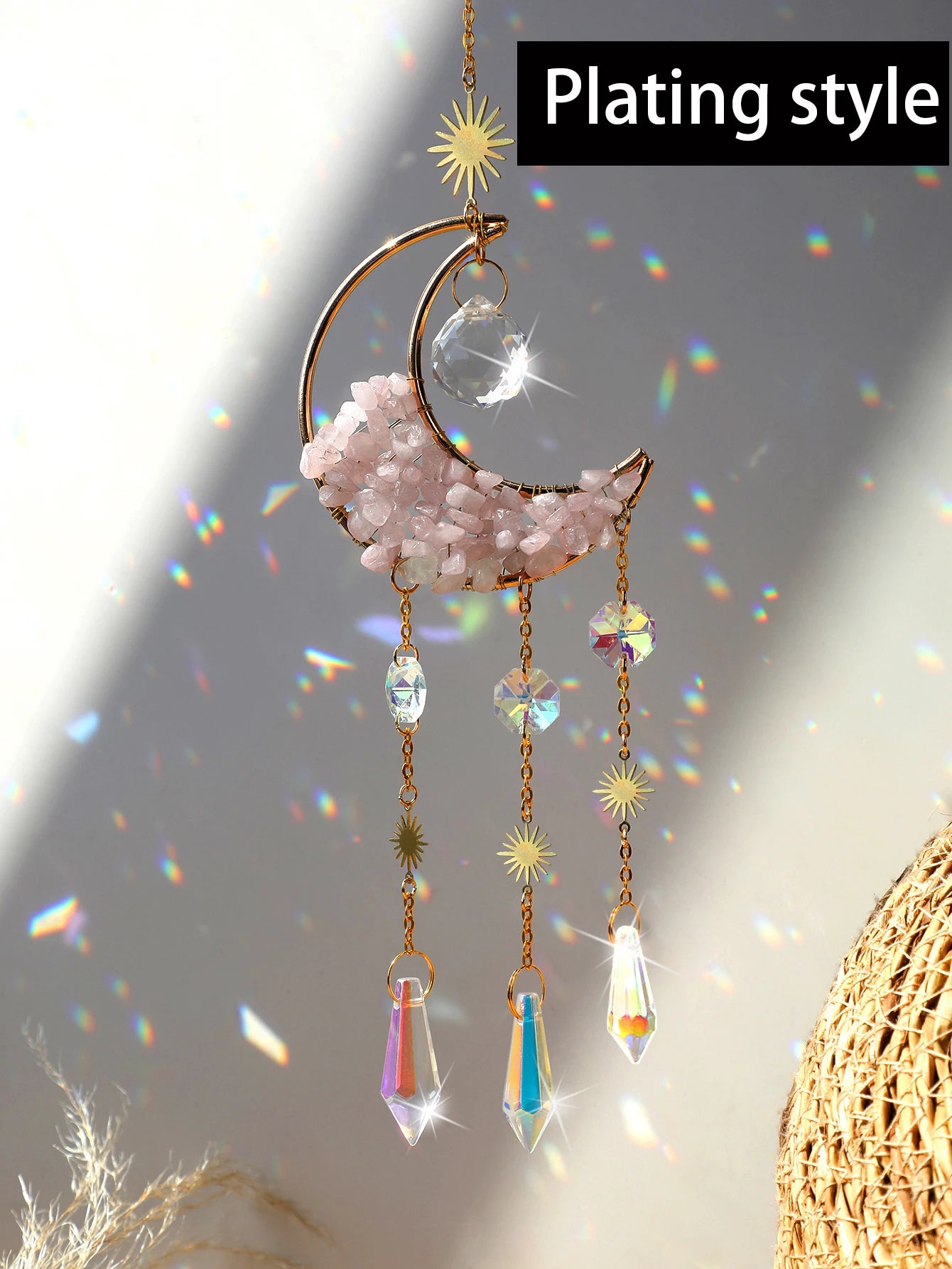 Natural Moon Crystal Suncatcher Ornament With Colorful Prism Pendant For Garden Patio Porch Balcony Window Home Decoration Gift