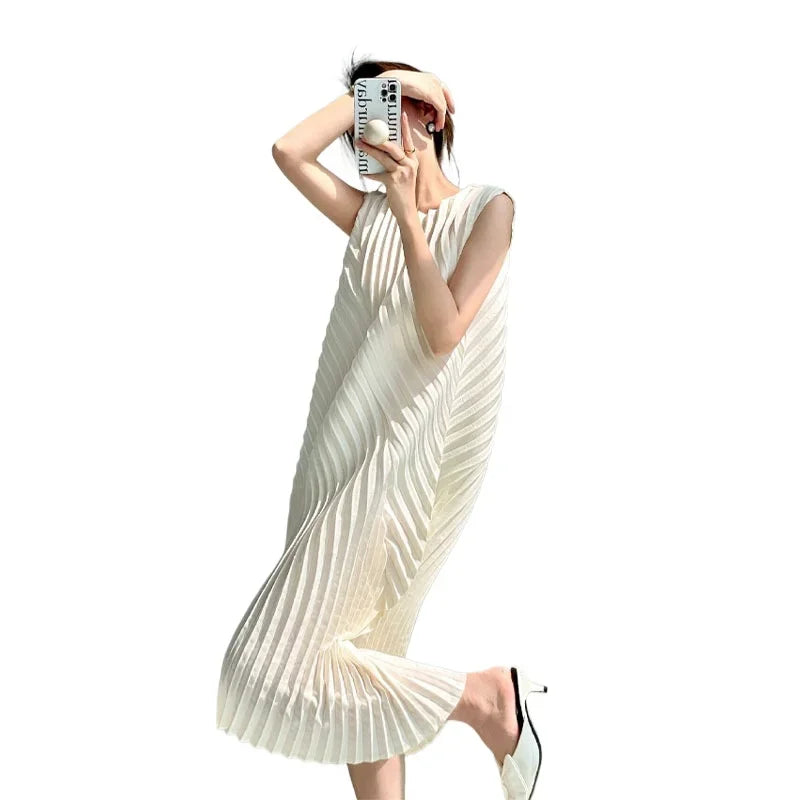 Miyake Hand Circle Pleated Sleeveless Dress Designer Long Round Neck Elegant Loose Summer Korean Style Aesthetic Clothes
