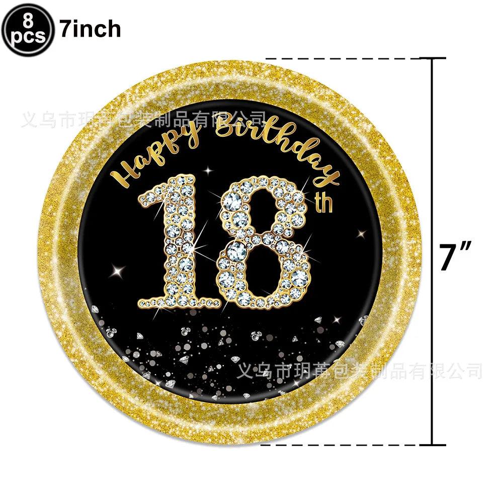 18th Birthday Decors for Boys Girls Black Gold Party Banner Balloon Tablecloth Plate Cup Napkin 18 Years Birthday Party Supplies