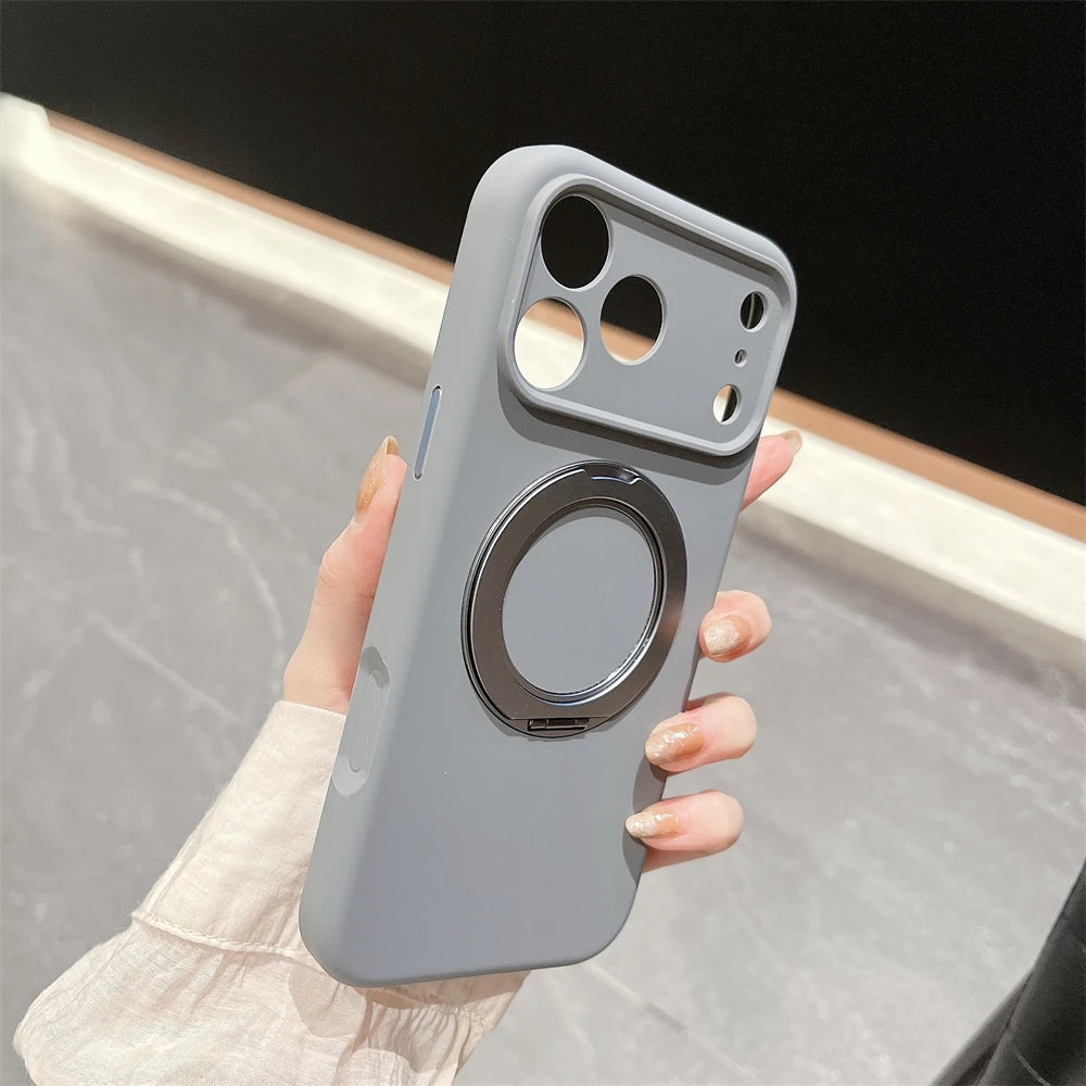 Simple INS Candy Color Liquid Silicone Case For IPhone 17Pro Max Air 16 15 14 Magnetic Rotable Bracket Lens Full-pack Back Cover