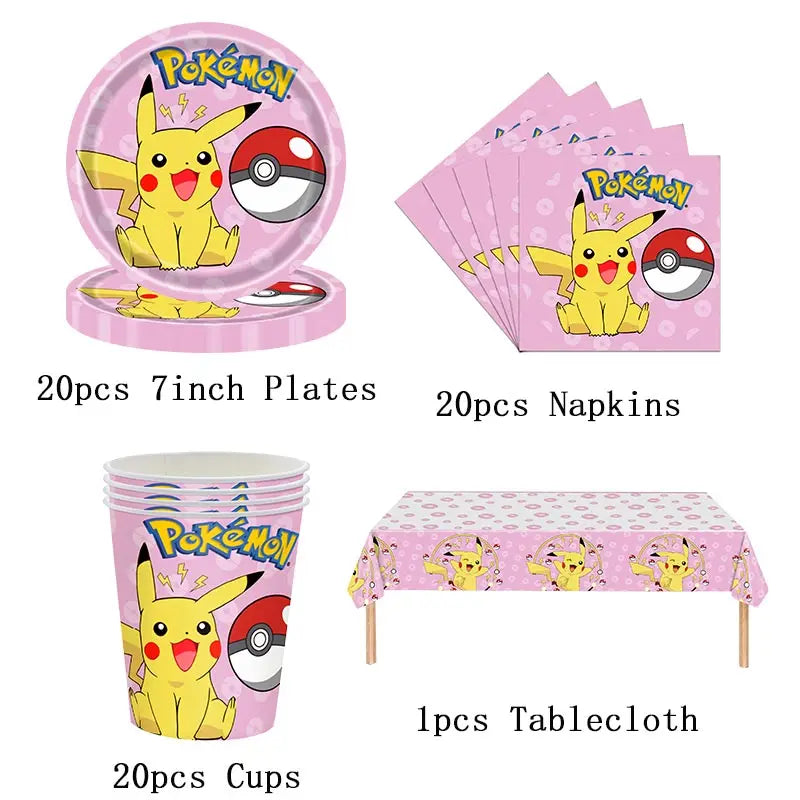 Pokemon Theme Birthday Party Decoration Supplies Cartoon Pokemon Go Tableware Cups Plates Pikachu Balloon For Baby Shower Favors
