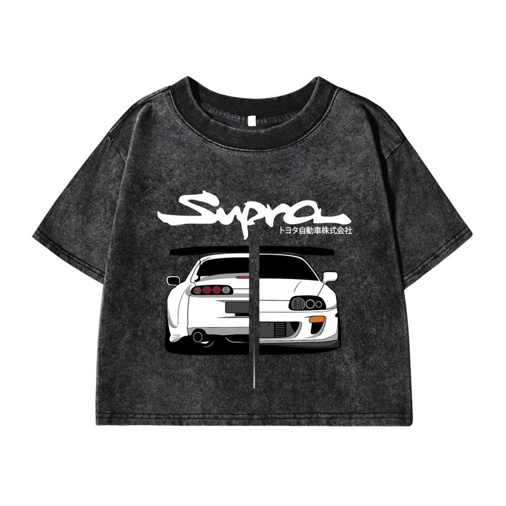 Woman Cotton Washed T-Shirts Street Regular O-Neck Crop Tees Japanese Style Cool Car Puzzle Print Short Sleeve Summer Clothes