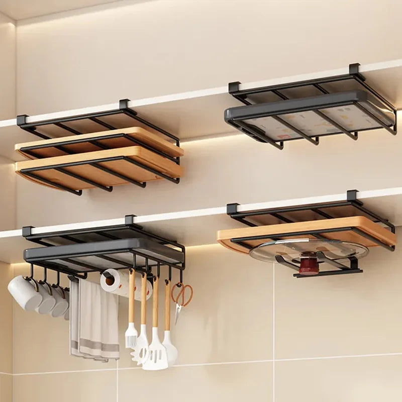 Kitchen Hanging Organizer Rack with Hooks Under Cupboard Paper Towel Rags Hanger Cutting Board Pot Cover Holder Storage Shelf