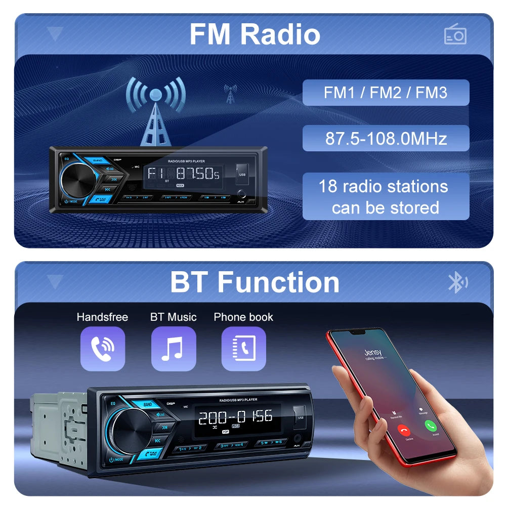 AKAMATE Car Radio MP3 Multimedia Player Audio FM Radio Support Phone Charging Bluetooth EQ AUX USB Detachable Panel 1Din Radio