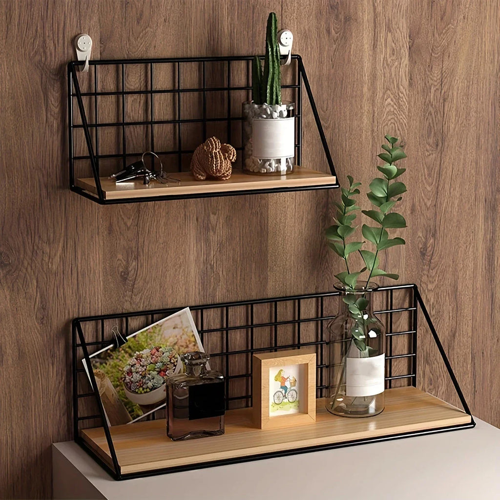 1Pcs Floating Shelves Wall Mounted Wood Storage Display Shelf with Metal Wire Basket Hanging Rack for Dorm Bedroom Bathroom