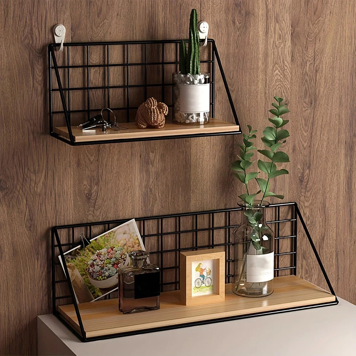 1Pcs Floating Shelves Wall Mounted Wood Storage Display Shelf with Metal Wire Basket Hanging Rack for Dorm Bedroom Bathroom