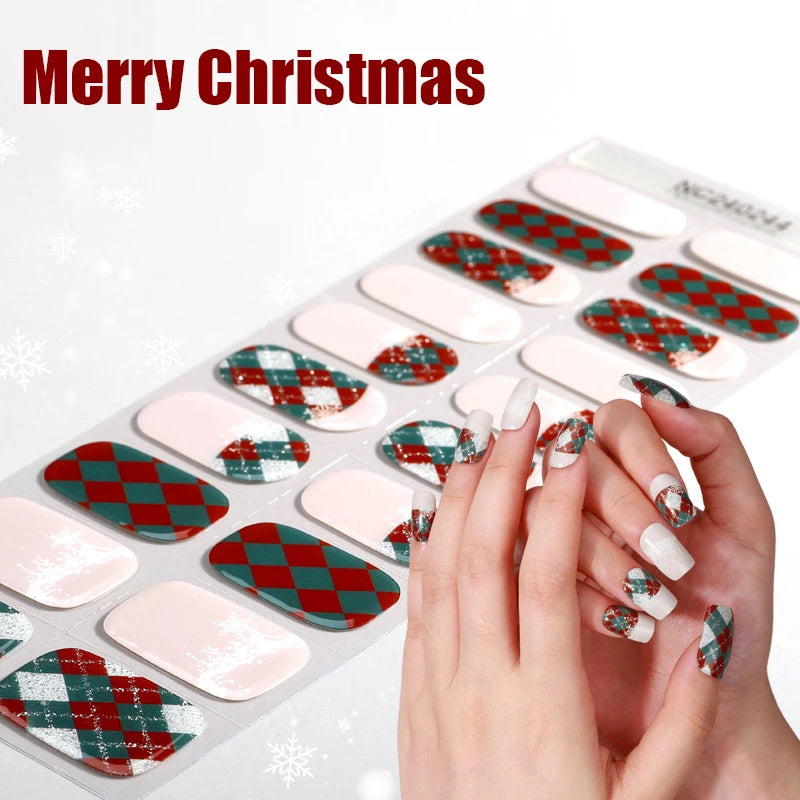20/22tipsChristmas Semi Cured Nail Sticker UV Led Lamp Semi Cured Gel Design Nail Decals Waterproof Nail Stickers Nail Manicure