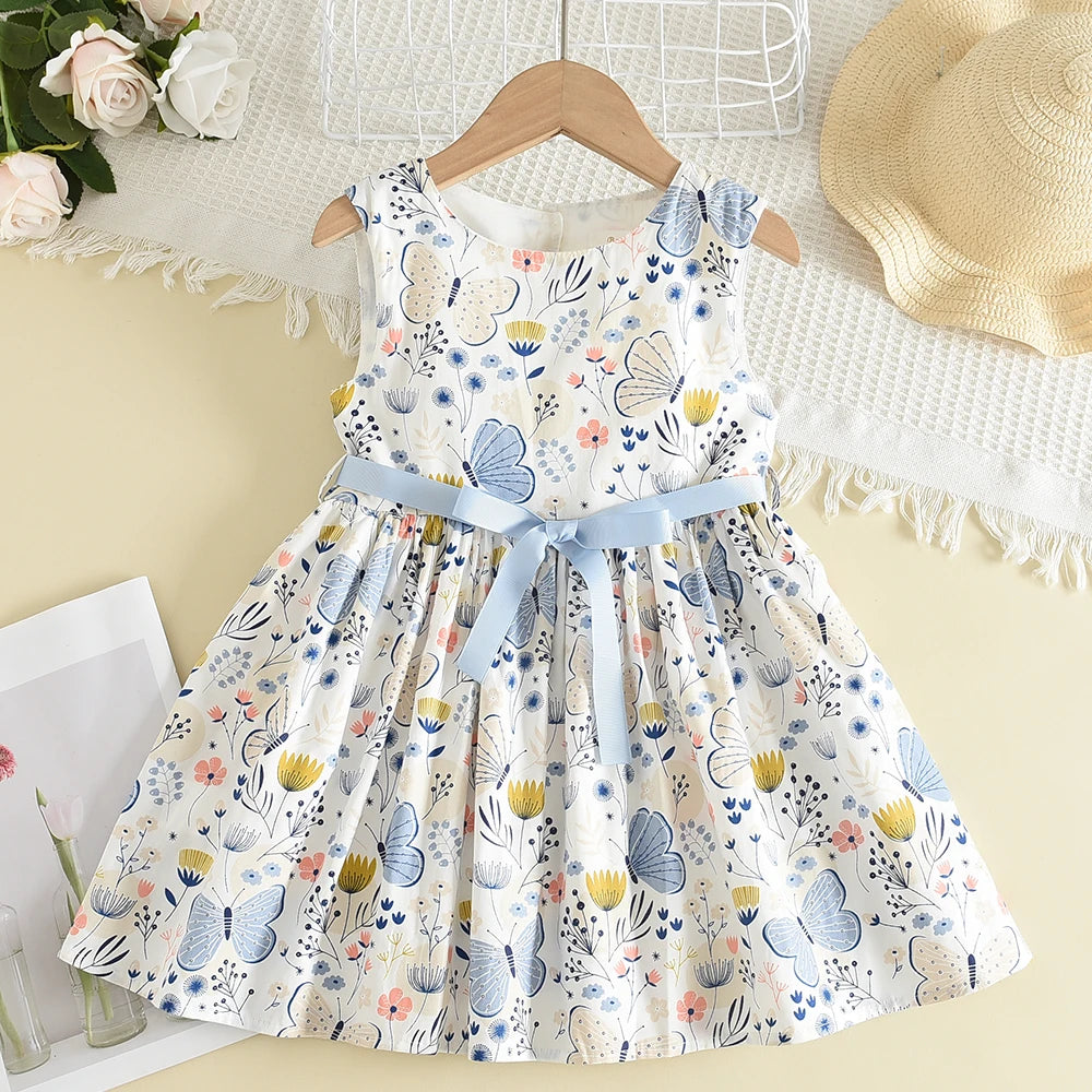Summer New 3-7 Years Girls Vacation Casual Clothes Sleeveless Sweet Cute Print A-Line Dress 1 Pc Children Fashion Wear